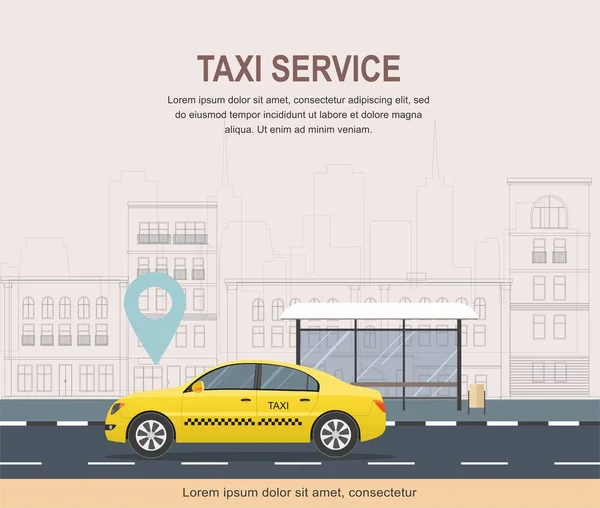 Modèle de service de taxi sur fond de ville. Illustration — Image vectorielle