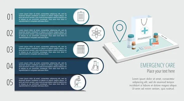 Health Medicine Infographics Information Banner (em inglês). Farmácia. Ilustração 3D — Vetor de Stock