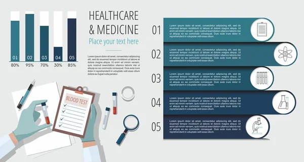 Infographies en médecine de la santé Information. Docteur tenant un échantillon de sang et prenant des notes . — Image vectorielle