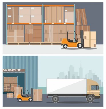 Depoda forklift kamyonu. Depo binasında kamyon yükleme. Web afiş