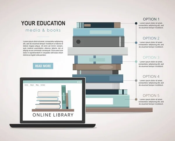 Il concetto di e-learning. Istruzione infografica con mucchio di libri e laptop . — Vettoriale Stock