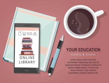 E-öğrenme eğitim internet kütüphanesi veya kitapçı. Cep telefonu uygulaması. Üstte görüntü