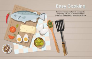 Masaya farklı yiyecek. Yumurta, sebze ve balık. Üstten Görünüm. Pişirme kavramı.