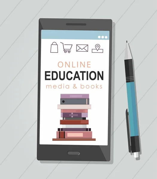 E-learning istruzione biblioteca internet o libreria al telefono. Torniamo a scuola. Vista dall'alto — Vettoriale Stock