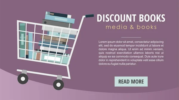 Puple üzerinde alışveriş sepeti içinde Kitaplar. İndirim kitaplar web afiş. Vektör İllüstrasyonu