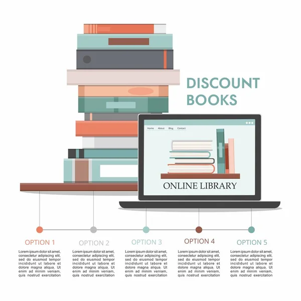 Concept d'apprentissage en ligne. Infographie éducative avec pile de livres et ordinateur portable . — Image vectorielle