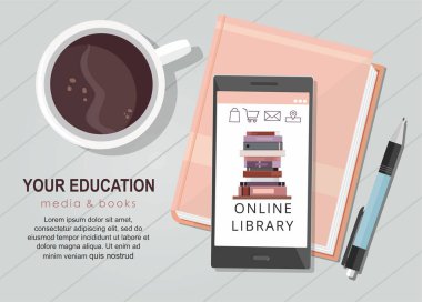 E-öğrenme eğitim internet kütüphanesi. Cep telefonu uygulaması. Üstte görüntü