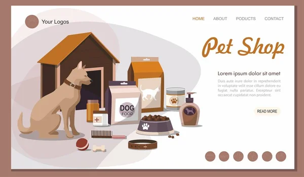 Açılış sayfası Pet dükkanı. Köpek ile Pet aksesuarları . — Stok Vektör