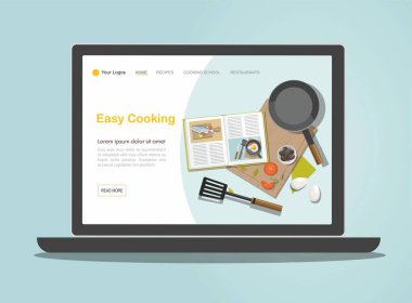 Açılış sayfası Dizüstü bilgisayarda pişirme consept. Tarif kitabı, kızartma tavası ve gıda. 