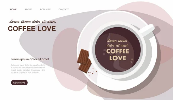 Landing page. Mug with coffee and chocolate. Top view. — Stock Vector