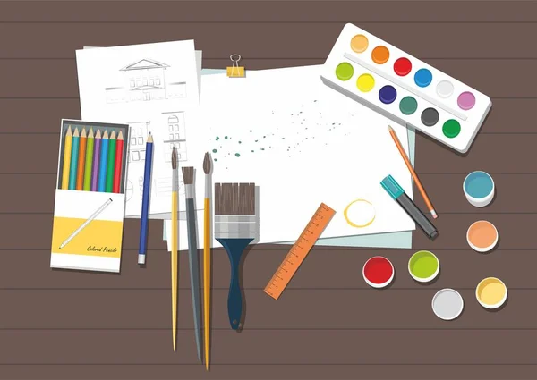 木制背景上的画笔、油漆、彩色铅笔和纸张 — 图库矢量图片