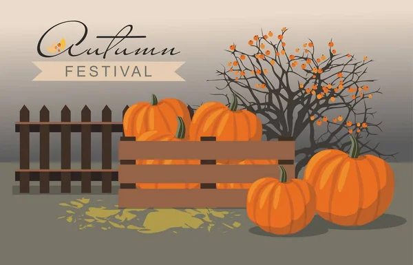 Festival de otoño. Calabazas junto al arbusto de bayas . — Vector de stock