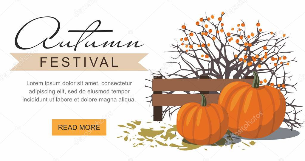 Autumn festival web banner. Pumpkins next to the berry Bush. 