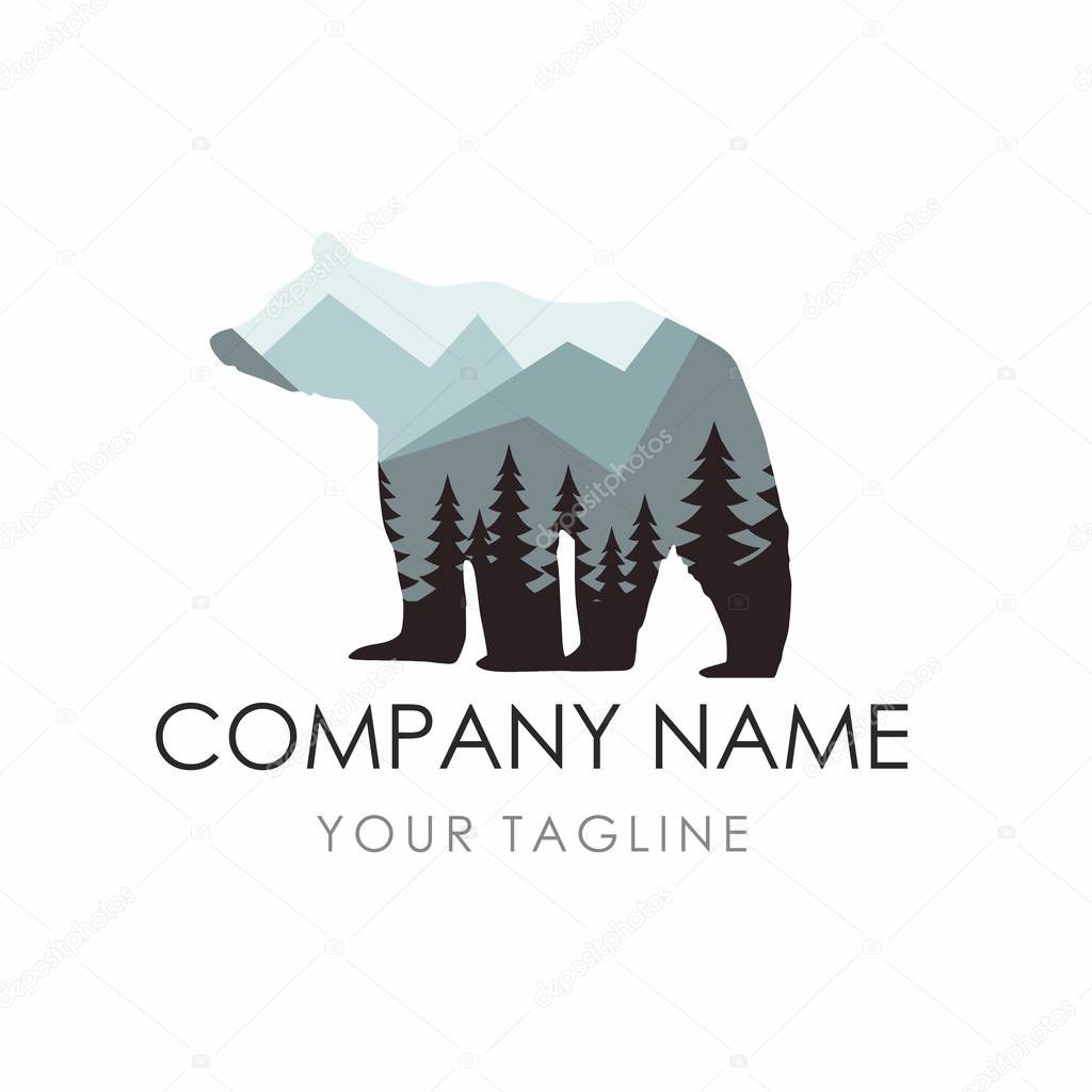 Bear  Label Template consisting of forest background. Vector Illustration
