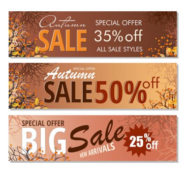 Dalları ve çilek ile Sonbahar satış afiş şablonu ayarlayın. Vektör çizimi