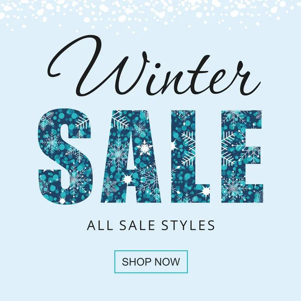 Banner de venta de invierno con copos de nieve aislados sobre fondo azul . — Vector de stock