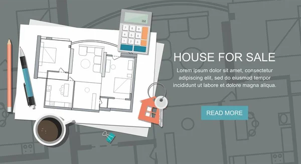 Plano de casa de arquitecto con herramientas. Llave con símbolo de la casa. Fondo de construcción . — Vector de stock