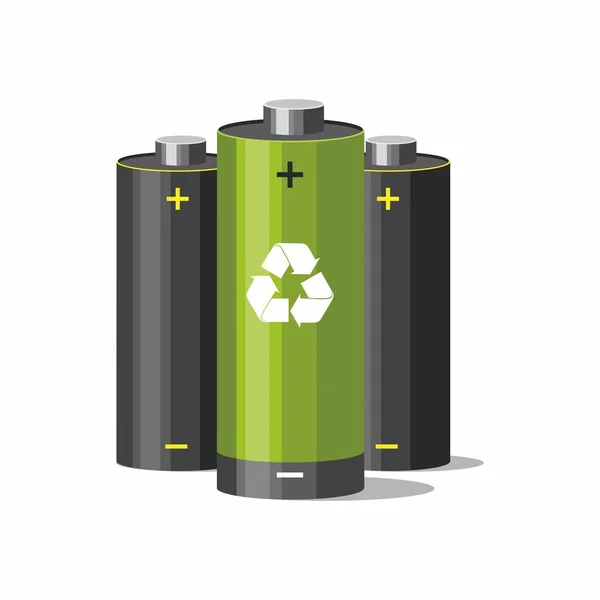 Accu recycling concept. Batterijen met recycle symbool op wit — Stockvector