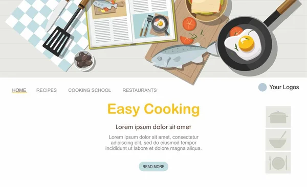 Landing page Consepto de cocina. Libro de recetas, sartén y comida. Vista superior . — Archivo Imágenes Vectoriales