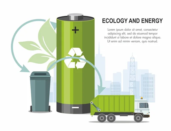 Batteria e rifiuti concetto di riciclaggio su sfondo urbano e camion della spazzatura. Vettore — Vettoriale Stock