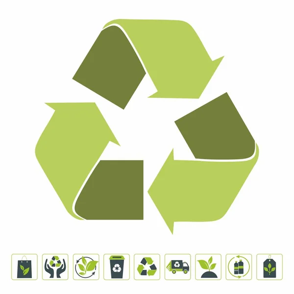 Conjunto de sinais de reciclagem. Coleção de símbolos ecológicos verdes. Vetor —  Vetores de Stock