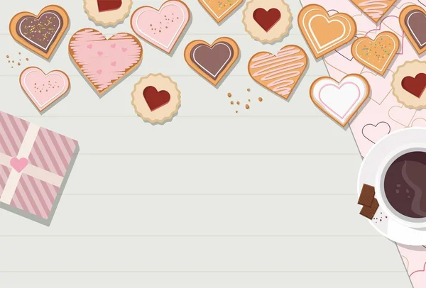Zdobené sušenky ve tvaru srdce s glazurou na dřevěném pozadí, horní pohled. Na Valentýna. Vektor — Stockový vektor