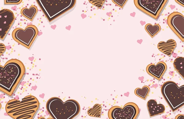 Biscotti decorati a forma di cuore con smalto su sfondo rosa, vista dall'alto. San Valentino — Vettoriale Stock