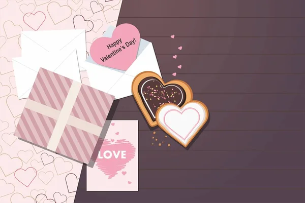 Valentinskarte, Umschlag, Geschenk und herzförmige Kekse. Ansicht von oben. Valentinstag. — Stockvektor