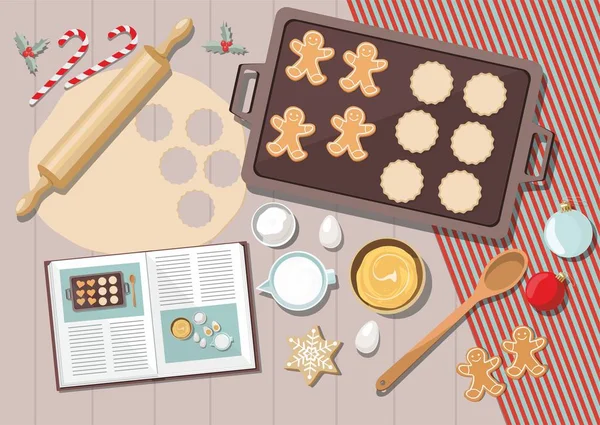 Backstube Hintergrund mit Zutaten zum Kochen Weihnachtsbacken. Zucker, Eier und Gewürze auf dem Küchentisch, Draufsicht. — Stockvektor