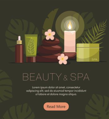 Yeşil arka planda kozmetik şişeleri, vücut yağı, sıcak taşlar, losyon, mum ve çiçek içeren spa kompozisyonu. Tropik spa merkezi konsepti. 