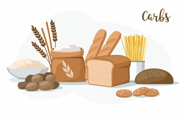 Carboidrati Alimentazione: prodotti da forno, patate, pasta, farina e riso . — Vettoriale Stock