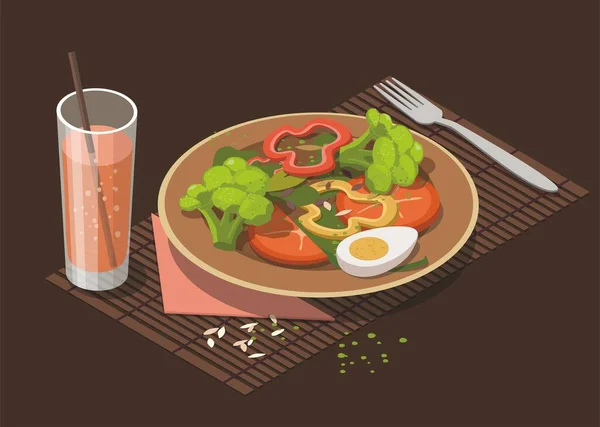 Sałatka szpinakowa ze świeżym pomidorem, jajkiem, brokułami i szklanką soku na ciemnym tle. — Wektor stockowy