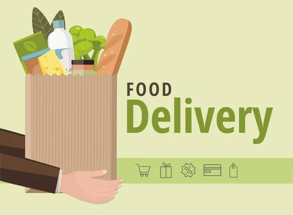 Um homem a segurar um saco de papel com comida. Conceito de serviço de entrega de alimentos, pedido online . — Vetor de Stock