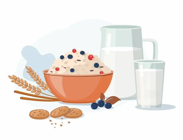 Oatmeal porridge with blueberry and milk. Breakfast time. — Stock Vector