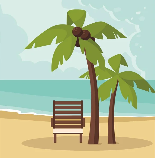 Tropical sand beach with coco palms and chaise lounge. — Stock Vector