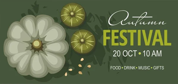Banner del festival de otoño o invitación con calabazas sobre fondo verde . — Archivo Imágenes Vectoriales