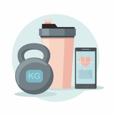 Spor malzemeleri. Titretici, kettlebell ve telefon..