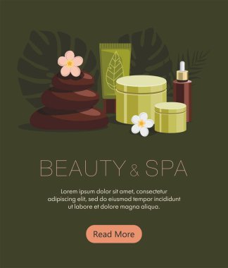 Spa aksesuarları. Vücut yağı, sıcak taşlar, yeşil arka planda losyon ve mum. Tropikal spa merkezi