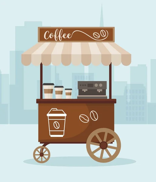 Egy utcai bevásárlókocsi kávéval. Piackioszk a város hátterében. — Stock Vector