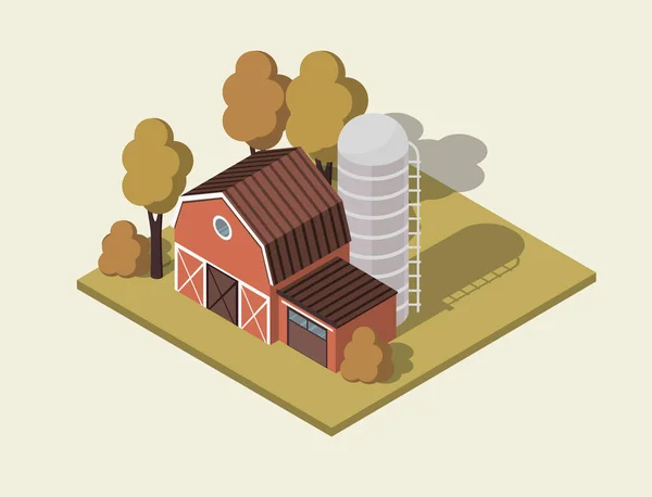 Casa de campo 3d isométrica. Campos agrícolas Paisaje rural — Vector de stock