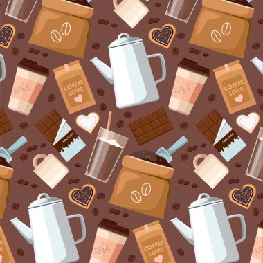 Kahve çekirdekleri, fincanlar, Cezve, paket veya kumaş örtüsü, çikolata, kakao ve kurabiyelerin kusursuz deseni. 
