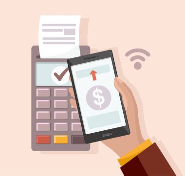 Akıllı telefondan cep telefonu ödemesi. Temassız ödeme ve POS terminali için cep telefonu elinde..