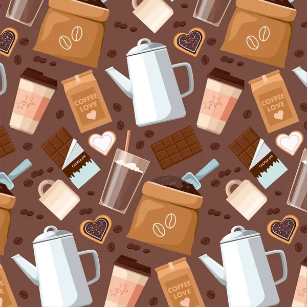 Kahve çekirdekleri, fincanlar, Cezve, paket veya kumaş örtüsü, çikolata, kakao ve kurabiyelerin kusursuz deseni. 