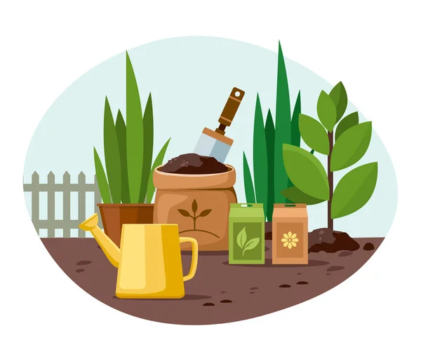 Садівництво Інструменти та рослини в саду — стоковий вектор