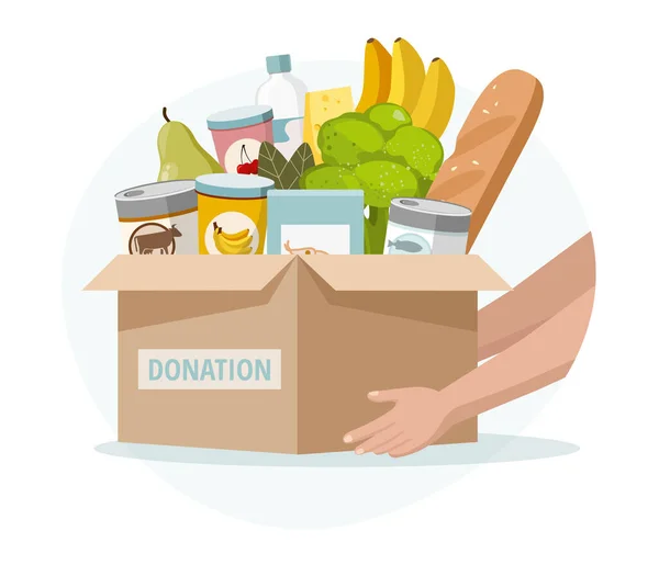 Élelmiszer és élelmiszer adományozás koncepció. Jótékonyság, élelmiszer-adomány rászorulóknak és szegényeknek. — Stock Vector