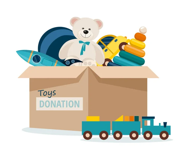 Charitable toys donation for kids. Toys donations box isolated on white background — Stock Vector