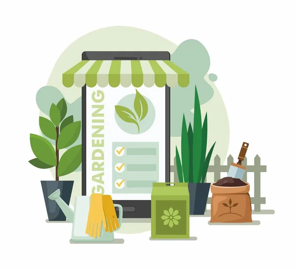 Gardening Tools and Plants. Online garden shop concept. — Stock Vector