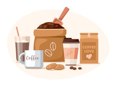 Kahve dükkanı. Pakette kahve çekirdekleri, bardaklar, kupalar ve çikolatalar..