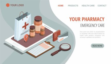 Çevrimiçi eczane izometrik illüstrasyon. Alışveriş çantalı akıllı telefon, tıbbi malzemeler, şişeler, sıvılar ve haplar. Eczane web sitesi. İlaç uygulaması