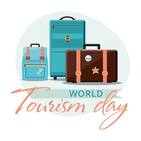 World Tourism Day, 27 September. Travel suitcases with stickers. — Stock Vector
